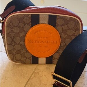 Coach Brown Monogram Belt Bag with Orange Patch